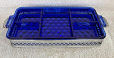 Fostoria Cobalt Blue Relish Dish With Metal Tray MCM Vintage 15.5” Long
