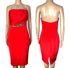 Marchesa Red Silk Strapless Jeweled Formal Evening Holiday Midi Dress Size 4