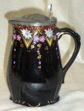 Rare Antique Victorian Jackfield, Gibsons Jetware Pewter Lidded Water Jug c1890