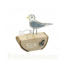 Wooden Seagull with Wire Fish Ornament on Log - Free 1st Class Post!