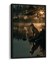 BEAUTIFUL FOX SITTING BY LAKESIDE SUNSET FLOAT EFFECT FRAME CANVAS ART PIC PRINT