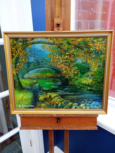 Oil board painting river - board,