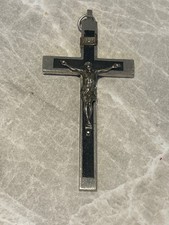 Antique Stamped Jerusallm Pectoral cross nickel inlaid wood Silver Crucifix Wall