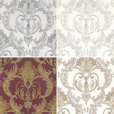 Debona Italian Heavyweight Vinyl Damask Wallpaper Textured Gold Silver White