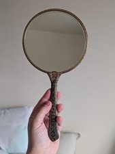 Vintage Metal Hand Held Mirror 28cm Round 14cm Wide