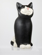 Suzie Marsh Stoneware Clay / Ceramic Seated Smiling Black & White Cat Sculpture