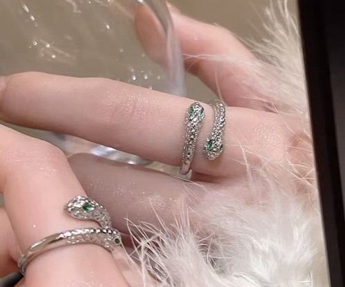 Silver snake wrap ring green - snake,