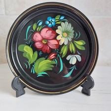 Vintage Russian Tin Tray Black Hand Painted Miniature Round Floral Folk Art USSR