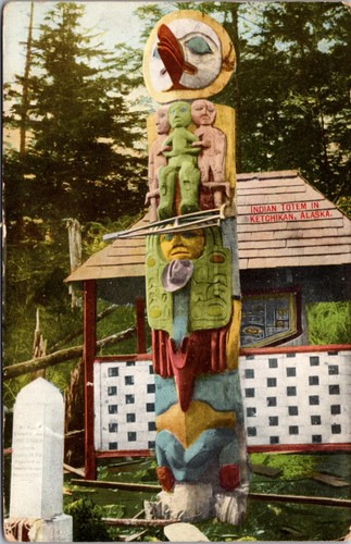 Postcard indian totem pole - pole, in