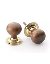 Pair Brown Round Bun 55mm Wooden Rosewood Mortice Rim Door Knobs For 35mm Door