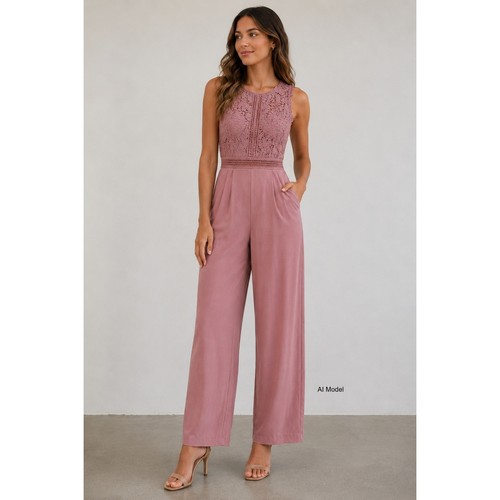 Mauve lace wide leg jumpsuit - lace,