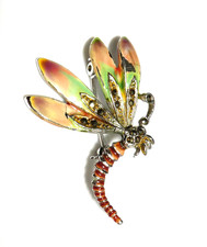 VINTAGE Small Silvertone Marcasite & Brown Green Enamel Dragonfly BROOCH