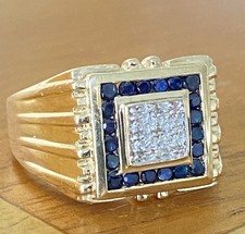 Gents 9ct Gold Sapphire & Diamond Signet Ring ~Size S ~ 6.6g  ~ 0.50pt DIA ~ Fab