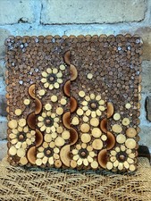 Vintage Flowers Wood Wall Art Handmade Natural Log Mosaic Signed sliced wood art