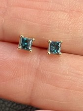 9ct Yellow Gold 0.30ct Natural Blue Diamond Princess Cut Stud Earrings (162/74)