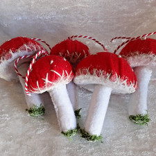 Five Hanging Handcrafted Toadstool Decorations Snow Frosted Glitter