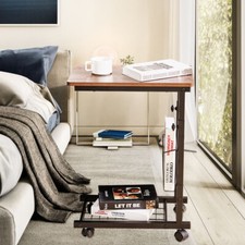 Rolling Side Table C Shaped Sofa End Table Coffee Snack Tea Table w/ Metal Frame