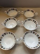 Harleigh Bone China Set Of Six China England Soup Bowls Handles Art Deco 12cm