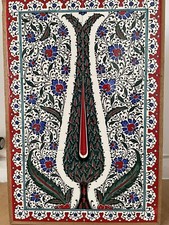 Wood Framed 19"x27" Turkish Handmade Iznik Floral Pattern Tile PANEL MURAL