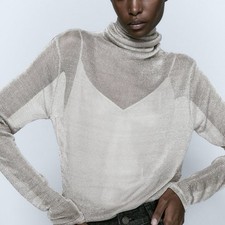 Massimo Dutti Silver Metallic Mesh Long Sleeve Tunic Top Size XS RPR $129