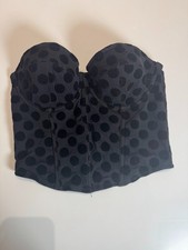 Primark Bustier Corset Top Size 34C Black Underwire Padded Velvet Polka Dot Lace