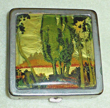 Rare Vintage Silver Tone Square Powder Compact with Foil Landscape Scene 1930's