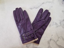 Beautiful Vintage Purple Leather Gloves Sheepskin Knit Lining Buckles Size Small
