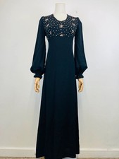 Vintage 70s Canda Black Embroidered Empire Line Romantic Maxi Dress 10