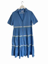 Luella Cotton Dress Tiered Blue Short Sleeve Shirt Midi Fit Flare Size M L 12 14