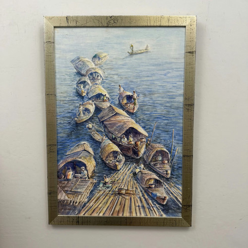 Handcrafted harbor scene oil - scene,