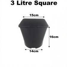 3 Litre Square Plant Pots 15cm ( 6" ) Black Plastic 1cm Deep Seed Flower Pot