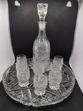Vintage Heavy Cut Glass Decanter 8 Glasses And Round Tray Whisky