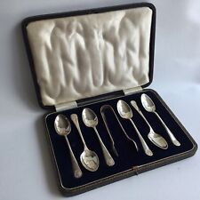 Silver plate 6 teaspoons + tongs Shell pattern. Poss. Pinder Bros. Original case