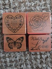 Bundle of 4 small wooden block stamps, heart, flowers, butterfly, with love