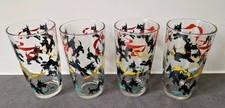 4 Vintage Glass Tumblers 1950's Black Scottie Dog & Ribbon Retro Kitsch Design