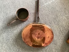 Antique Oval Copper Frying Pan Skillet Wrought Iron Handle & Small Saucepan