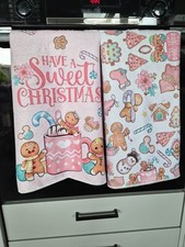 Gingerbread Man Christmas Pink Novelty Tea Towels Set Of 2 New