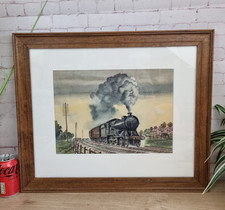 Steam Train Watercolour Painting Signed G Wheatley 1974 Wooden Frame Glazed Vtg