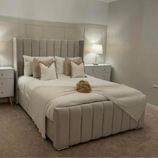 Winged Panel Bed Frame Plush Velvet Upholstered Ottoman Gas Lift Storage Double