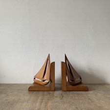 Vintage Wooden Teak Bookends Rotating Sailboat Boat Nautical Design Decor Rare
