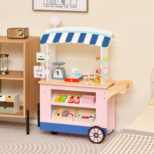 Food Cart Wooden Kids Play Trolley Pretend Shop Toy With Wheels 30 Accessories