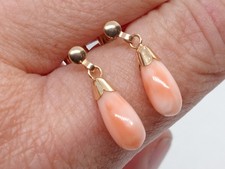 Vintage 9ct Gold & Natural Marbled Peach Coral Drop Earrings With Stud Fasteners
