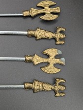 4 Vintage Brass And Inox Kebab Skewers With Decorative Tops  16.5"