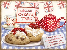 METAL VINTAGE SHABBY-CHIC TIN SIGN FABULOUS CREAM TEA PLAQUE/FRIDGE MAGNET