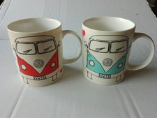 2 VW CAMPERVAN MUGS,VW T1,RED + BLUE,OFFICIAL LICENSED,CAMPER,MINT CONDITION 