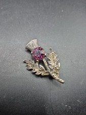 Antique Scottish White Metal Marcasite & Purple Stone Thistle Brooch