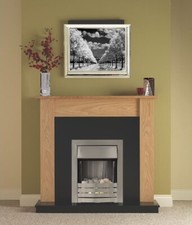 ELECTRIC FIRE OAK FIREPLACE SURROUND BLACK HEARTH BRUSHED STEEL PEBBLES BNIB