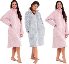 Collared Full ZIP UP Ladies Soft Cosy Fluffy Bathrobe Dressing Gown Fleece hood