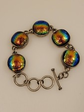Dichroic Glass 925 Sterling Silver Bracelet Shiny Rainbow Color Vintage Nice!