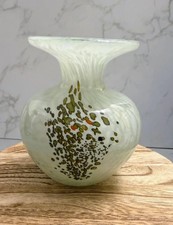 Vintage Mdina Art Glass Small White & Lime Green Mottled Vase 9cm tall